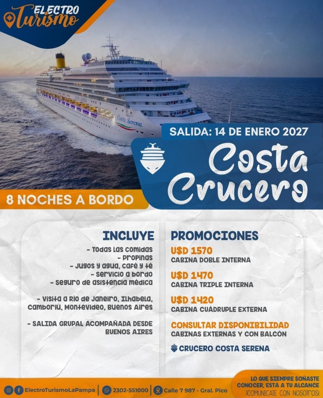 Crucero Costa Serena con salida el 14 de enero de 2027